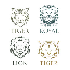 Tiger head royal badge with beautiful animal vector hand drawn lion face illustration.