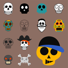 Different style skulls faces vector illustration halloween horror style tattoo anatomy art.