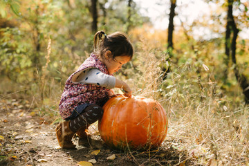 Cut baby girl with pumpkins on autumn