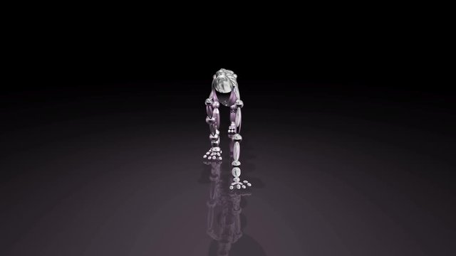 3d rendering , animation of robotic  feline, cat, quadruped walking. Includes black and white alpha matte. Camera orbits view