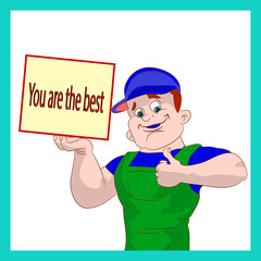 Plumber man showing thumbs up, and frame, you're the best, cartoon on white background.vector