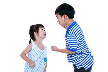 Quarreling conflict between the brother and sister. Isolated on white background.