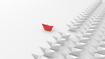 Leadership concept, red leader boat with whites, on white background. 3D Rendering.