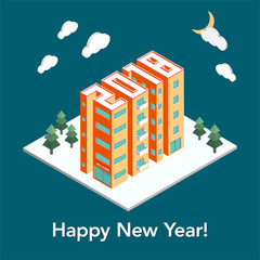 Isometric buildings in the form of 2018. New Year poster, flyer template. Real estate, construction concept. City landscape with big towers. Creative holiday vector illustration on a blue background.