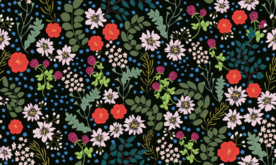 Seamless folk pattern in small wild flowers. Country style millefleurs. Floral meadow background for textile, wallpaper, pattern fills, covers, surface, print, gift wrap, scrapbooking, decoupage.