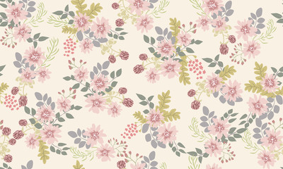 Seamless folk pattern in small wild flowers. Country style millefleurs. Floral meadow background for textile, wallpaper, pattern fills, covers, surface, print, gift wrap, scrapbooking, decoupage.