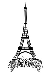 eiffel tower with butterfly and flowers - black and white vector design of Paris landmark
