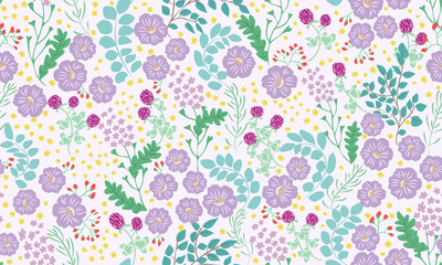 Seamless folk pattern in small wild flowers. Country style millefleurs. Floral meadow background for textile, wallpaper, pattern fills, covers, surface, print, gift wrap, scrapbooking, decoupage.