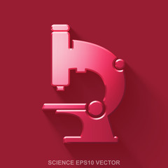 Flat metallic Science 3D icon. Red Glossy Metal Microscope on Red background. EPS 10, vector.