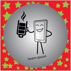vector illustration a smiling telephone holding a battery icon in the shape of coffee cup, recharge concept