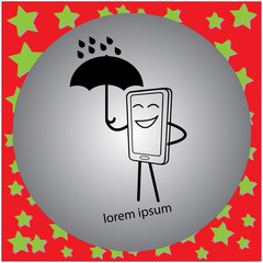 vector illustration a smiling telephone holding an umbrella with rain drops, representing waterproof smartphone, isolated on gray background