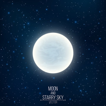 Glowing milky full moon in space. Many luminous stars. Realistic space