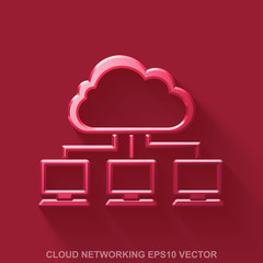 Flat metallic cloud computing 3D icon. Red Glossy Metal Cloud Network on Red background. EPS 10, vector.