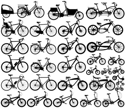 Man, woman and child bicycles detailed vector silhouette collection