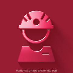 Flat metallic Industry 3D icon. Red Glossy Metal Factory Worker on Red background. EPS 10, vector.