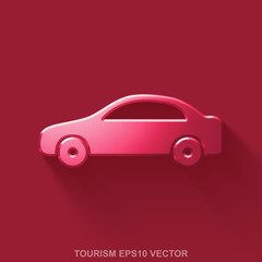 Flat metallic tourism 3D icon. Red Glossy Metal Car on Red background. EPS 10, vector.