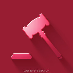Flat metallic law 3D icon. Red Glossy Metal Gavel on Red background. EPS 10, vector.