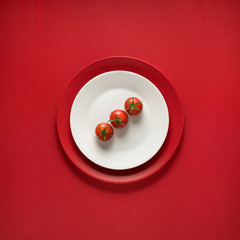 Dinner is served / Creative concept photo of kitchenware, painted plate with food on it on red background.