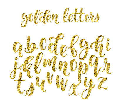 Gold glitter hand drawn latin modern calligraphy brush alphabet of lowercase letters. Vector