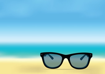 Illustration, ocean shore and sunglasses.