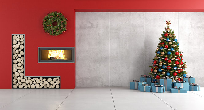 Minimalist Living room with fireplace and christmas tree