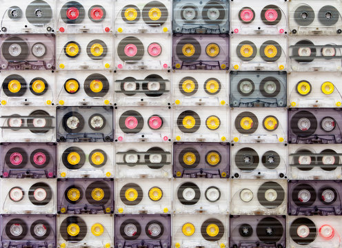 Colorful cassette tapes from above