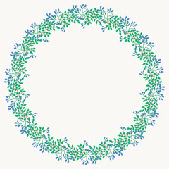 Floral round frame from cute flowers. Vector greeting card template. Design artwork for the poster, tee shirt, pillow, home decor. Summer flowers with green leaves.
