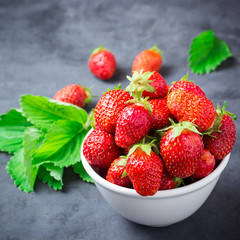 Ripe strawberry in a white bowl on slate  background. Selective focus, space for text. Cooking background.