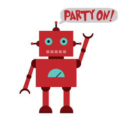 Naklejka premium Vector illustration of a toy Robot and text PARTY ON!