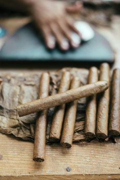 Close-up of pile of cuban cigars