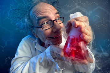 Crazy chemist lovingly looking at test tube - obrazy, fototapety, plakaty