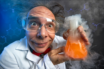 Crazy chemist with test tube - obrazy, fototapety, plakaty