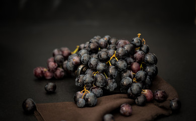 Lila Weintrauben gehäuft von vorne fotografiert vor schwarzem Hintergrund 