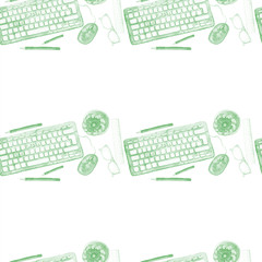 Seamless background pattern of objects painted watercolor office equipment, tools, worktable on a theme September 1, study, knowledge, on a white background top view in green tone