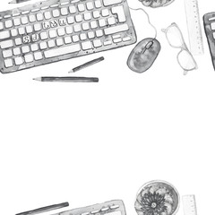 Seamless background pattern of objects painted watercolor office equipment, tools, worktable on a theme September 1, study, knowledge, on a white background top view in black and white