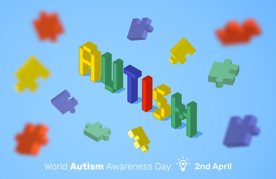 World autism awareness day. April 2. Vector banner design template. 3D text with colorful puzzles on blue background. - Powered by Adobe