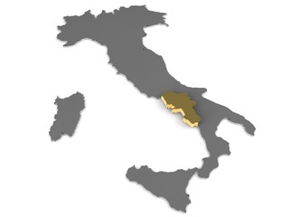 Italy 3d metallic map, whith campania region highlighted 3d render
