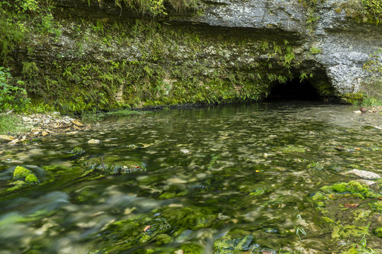 Big Spring Cave - A spring flowing out of a cave during summer.