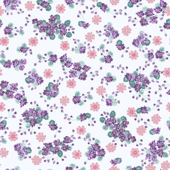 Fototapeta na wymiar Simple gentle pattern in small-scale flower. Millefleurs. Liberty style. Floral seamless background for textile or book covers, manufacturing, wallpapers, print, gift wrap and scrapbooking.