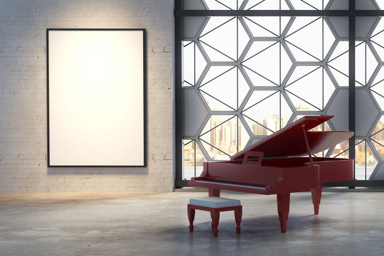 Interior with piano and billboard