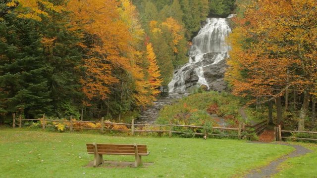 Beaver Brook Falls in Colebrook, New Hampshire on a drizzly, foggy autumn morning; includes ambient sound.