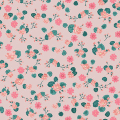 Fototapeta premium Simple gentle pattern in small-scale flower. Millefleurs. Liberty style. Floral seamless trendy color background for textile, book covers, manufacturing, wallpapers, print, gift wrap and scrapbooking.