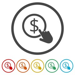 Hand Click icons set. Currency exchange sign. Dollar coin 