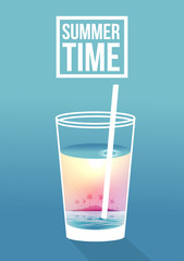 Cocktail with Tropical Scene in the Glass, Island - Vector Illustration