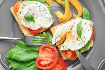 Plate with delicious egg sandwiches and vegetables, closeup
