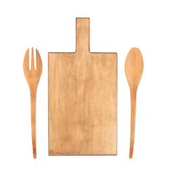 Wooden board and utensils on white background