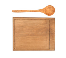 Wooden board and spoon on white background