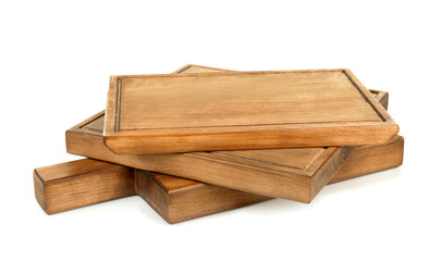 Pile of wooden boards on white background
