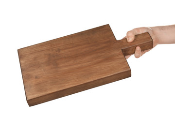 Female hand holding wooden board on white background