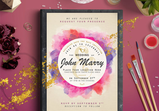 Watercolor and Foil Wedding Invitation 1